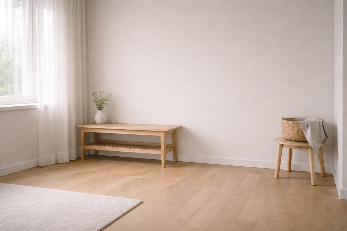 余白の多い静かな室内空間。自然光が差し込むシンプルな部屋で、40代男性がスキンケアを考え始める前の落ち着いた時間をイメージした写真。