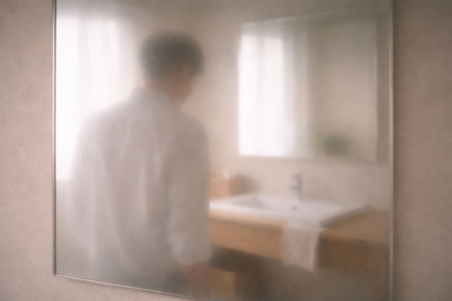 40代男性が洗面所の鏡の前で立ち止まり、スキンケアがこれで合っているのか考えている様子