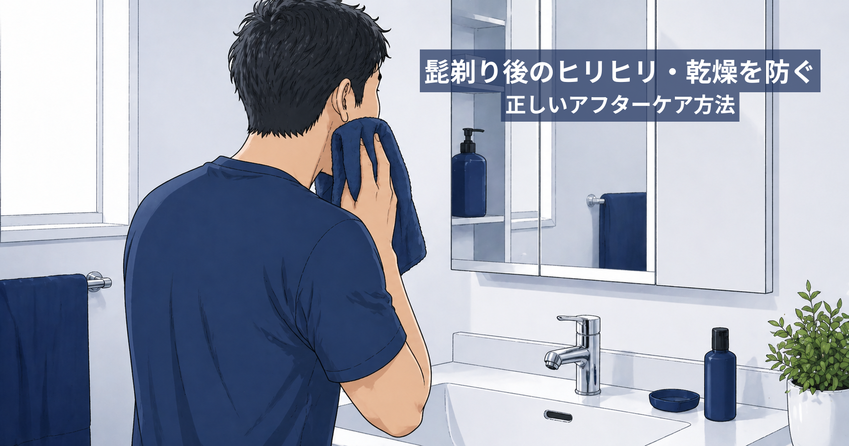 髭剃り後にタオルで肌をケアする40代男性のイラスト
