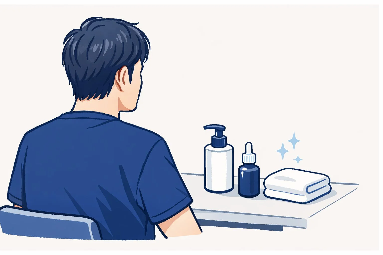 もぐ｜元化粧品研究者がスキンケアアイテムを前に座るイラスト