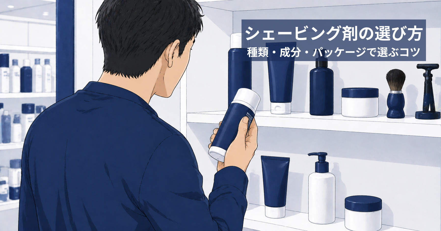 ドラッグストアでシェービング剤のパッケージを確認する40代男性のイラスト