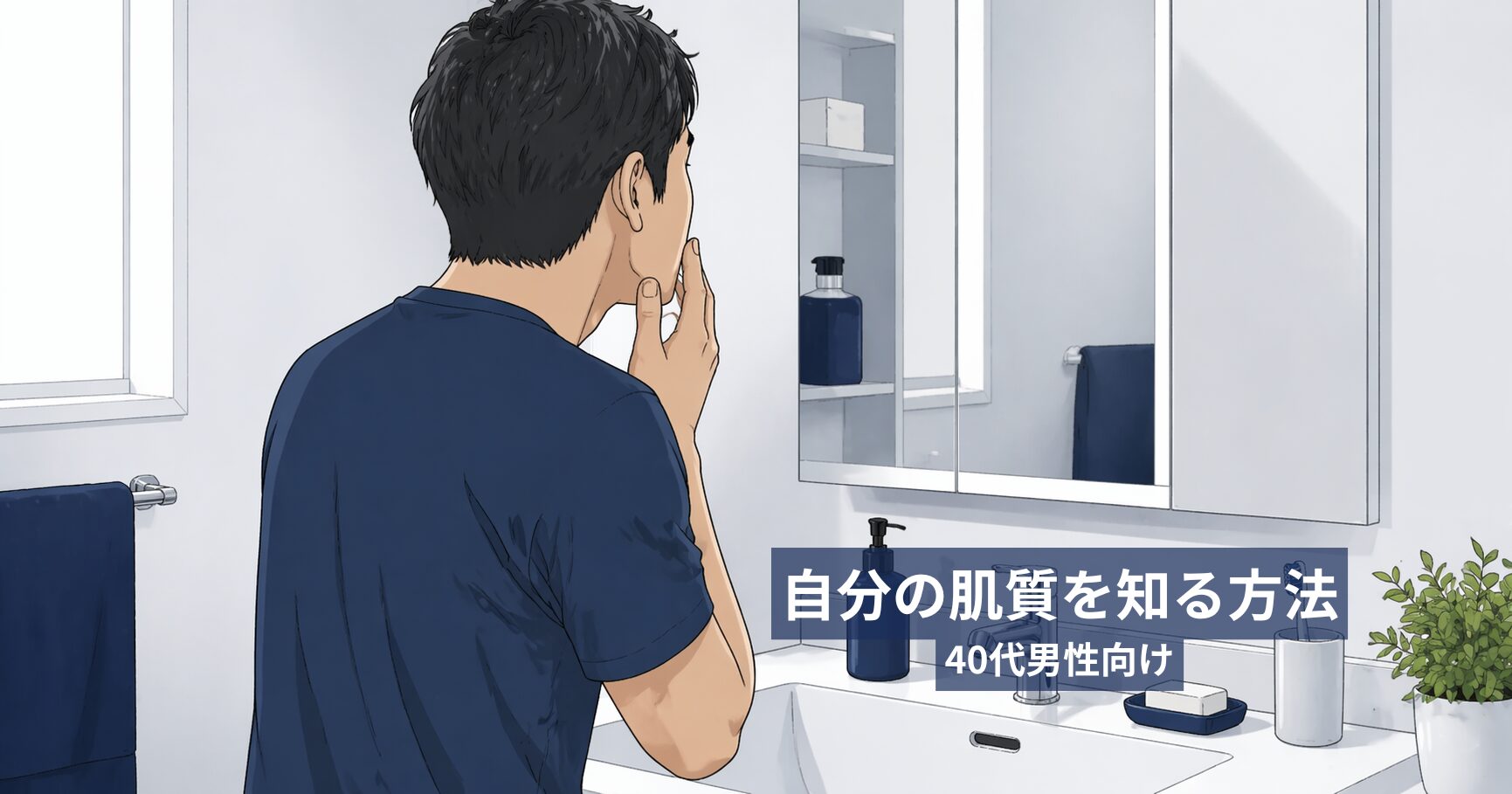 40代男性が洗顔後に鏡で肌を確認しているイラスト