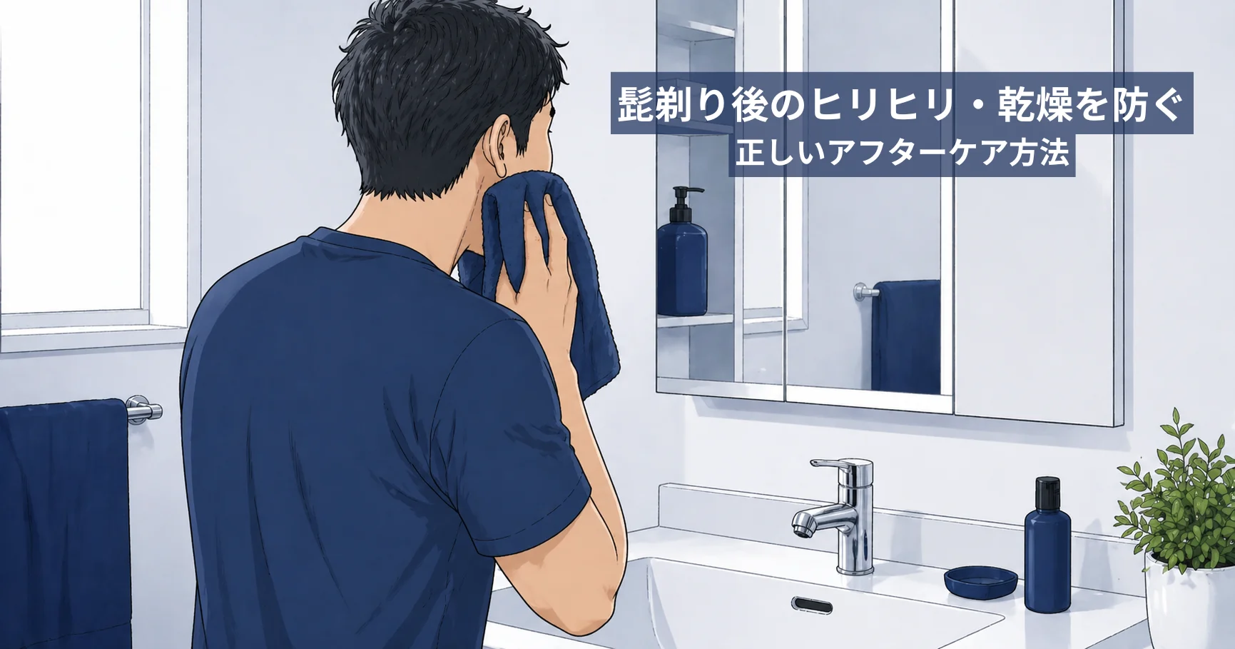 洗面台で髭剃り後のケアをする40代男性のイラスト