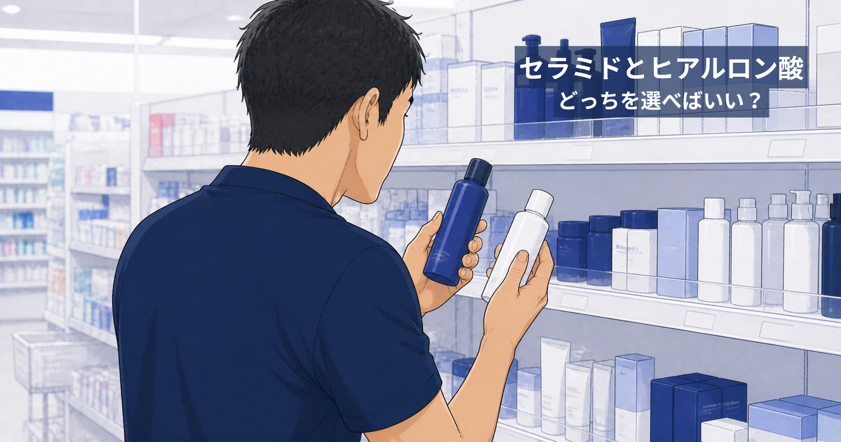 ドラッグストアで2つの保湿アイテムを比べる40代男性のイラスト