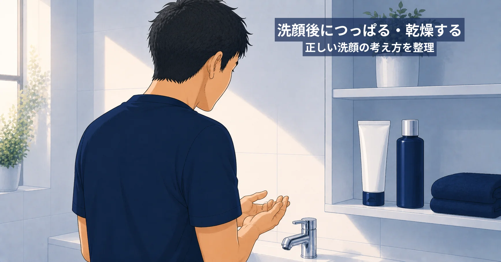 洗面台で手を見ながら洗顔について考える40代男性のイラスト