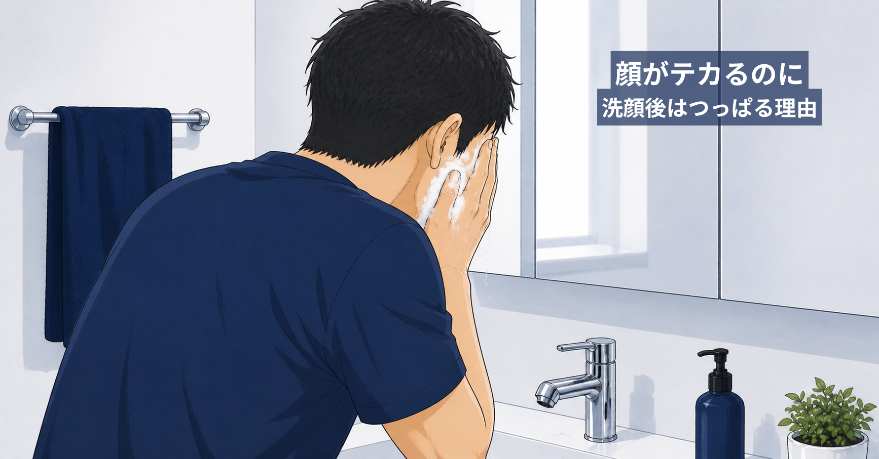 洗面台で泡洗顔をする40代男性のイラスト