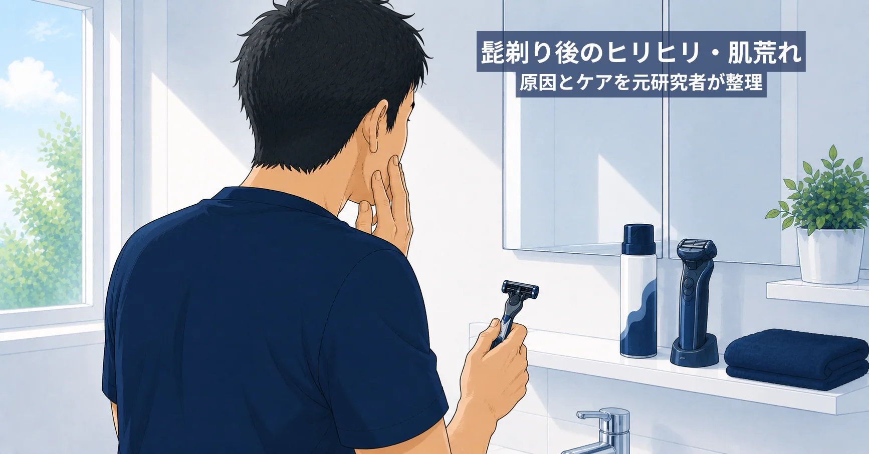 カミソリを持ちながら頬の肌を確認する40代男性のイラスト