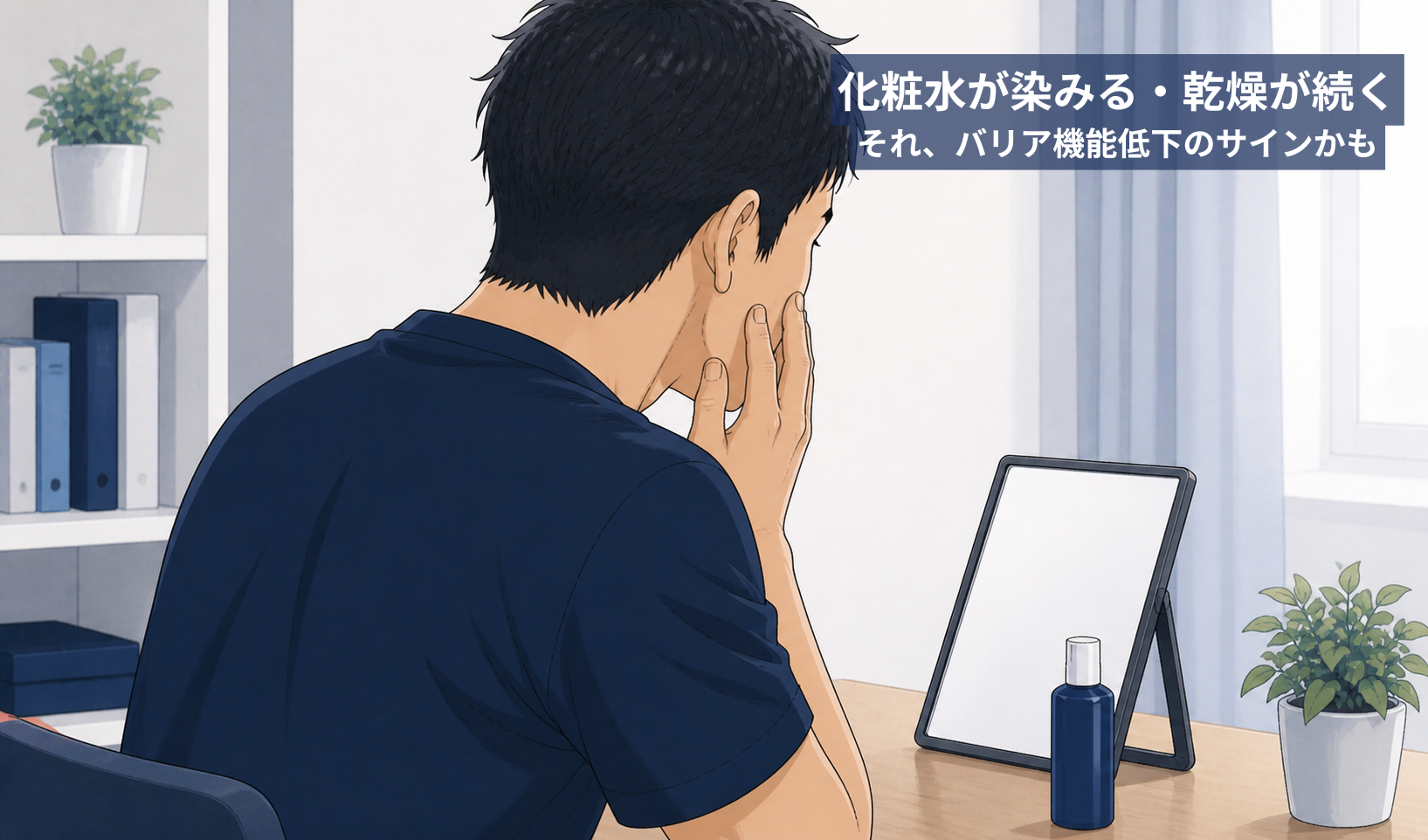 デスクで鏡を見ながら肌の状態を確認する40代男性のイラスト